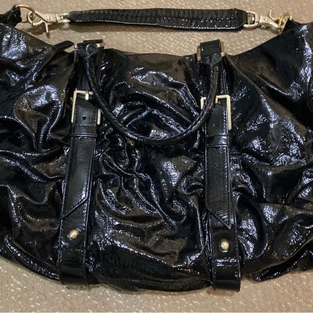 Botkier Black Patent Leather Sasha Duffle Handbag Golden Hardware EUC Medium - Picture 2 of 8